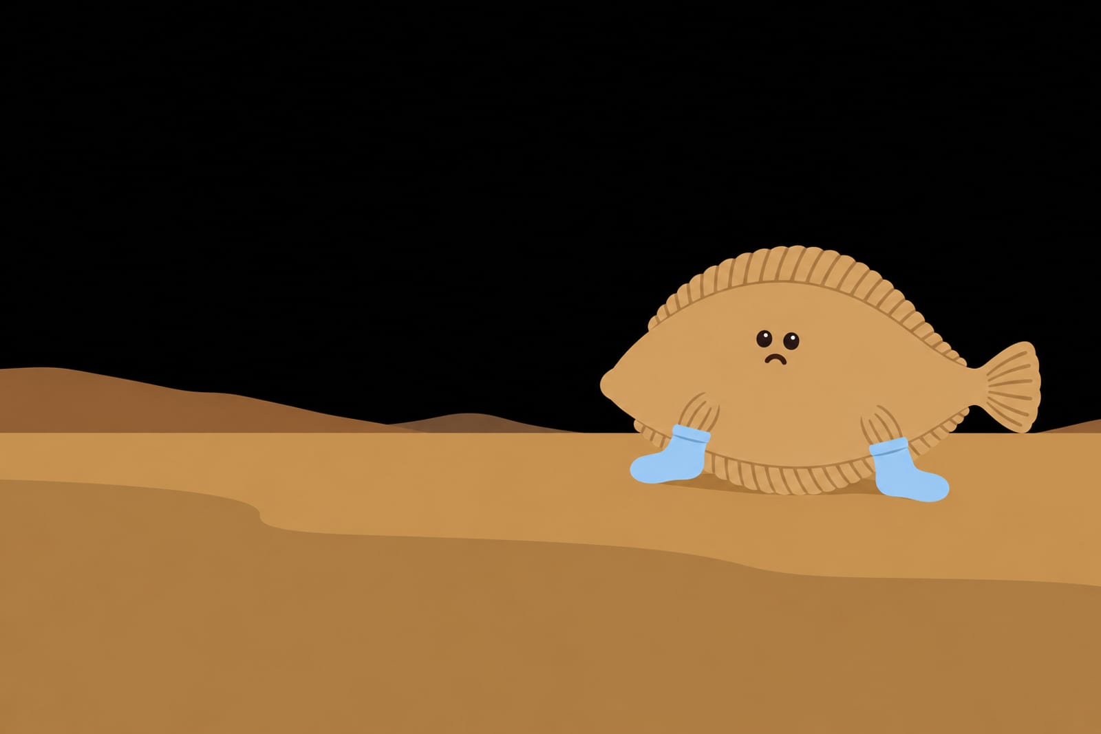 A flat tan sole fish wears pale-blue socks on two fins against a near-black background. The socks sit diagonally with toes pointing opposite ways.
